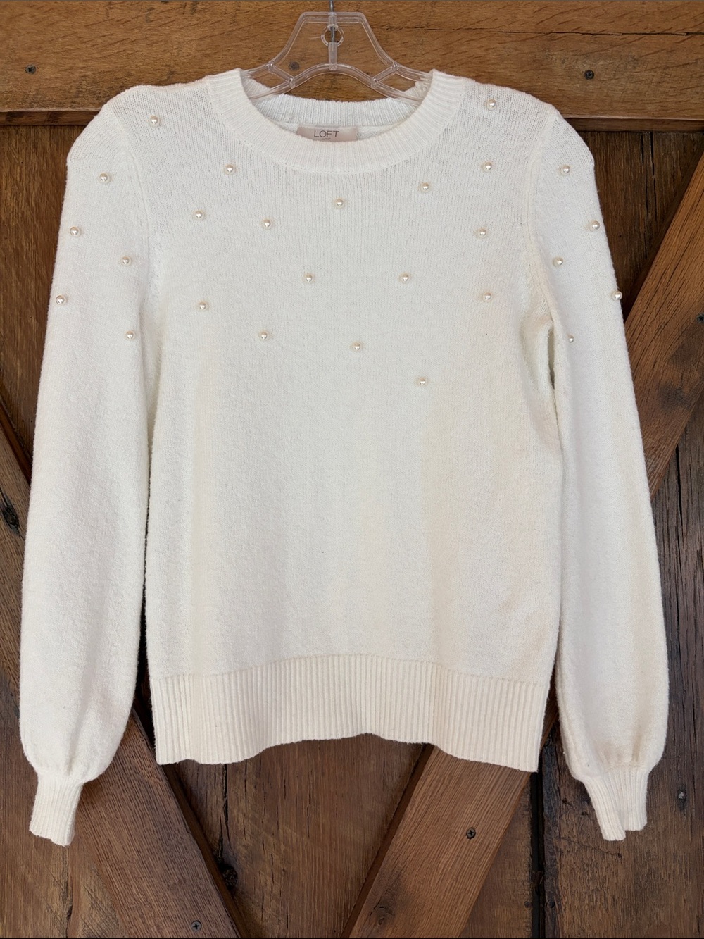 LOFT XSP Cream Crewneck Sweater with Pearl Accents